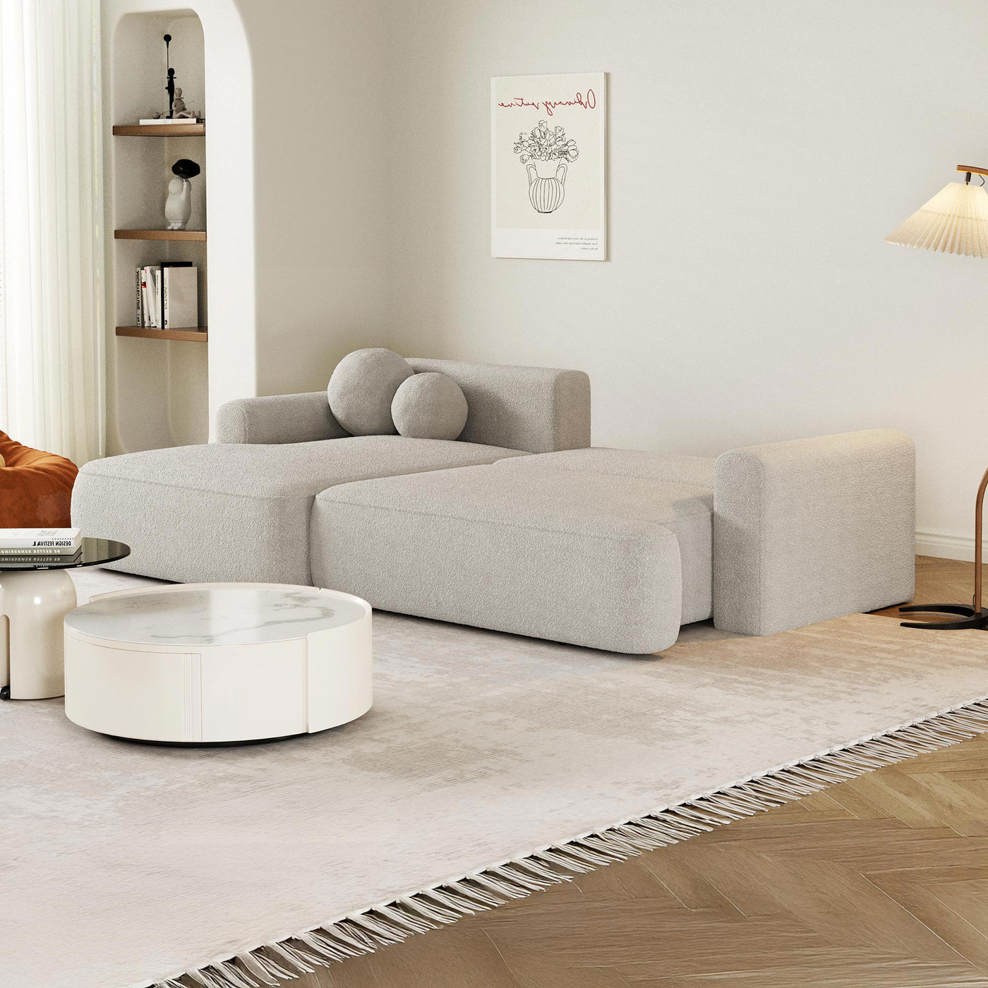 ANAIS Canapé d'angle convertible en tissu bouclette beige foncé- Angle gauche - Canapé d'angle convertible - Mobilier Deco