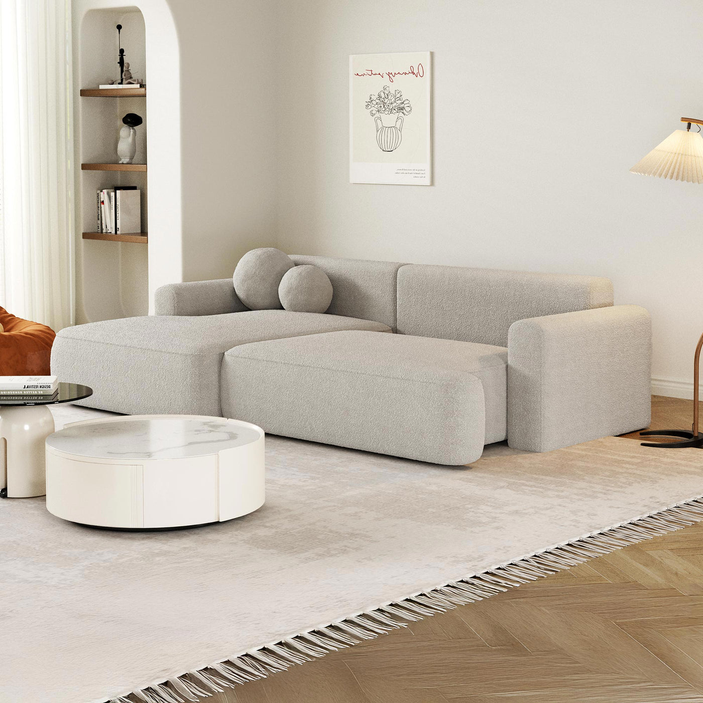 ANAIS Canapé d'angle convertible en tissu bouclette beige foncé- Angle gauche - Canapé d'angle convertible - Mobilier Deco
