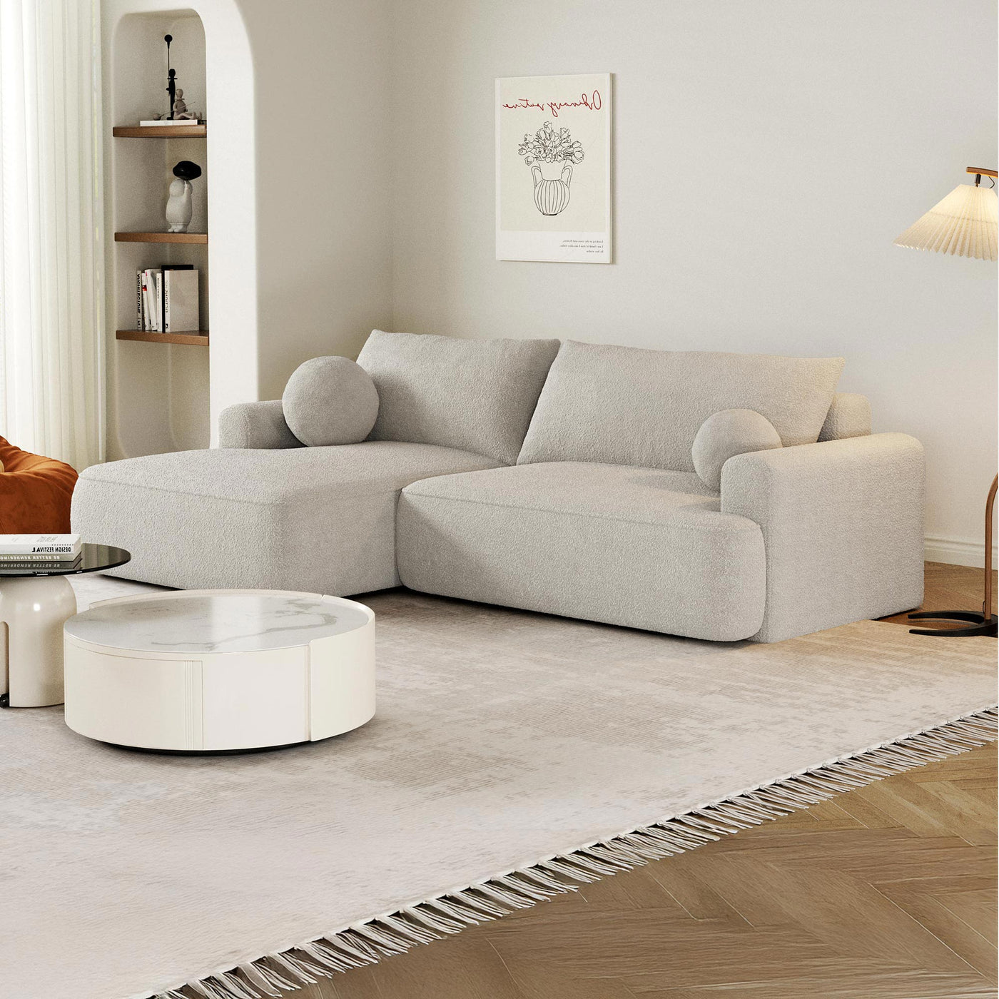 ANAIS Canapé d'angle convertible en tissu bouclette beige foncé- Angle gauche - Canapé d'angle convertible - Mobilier Deco