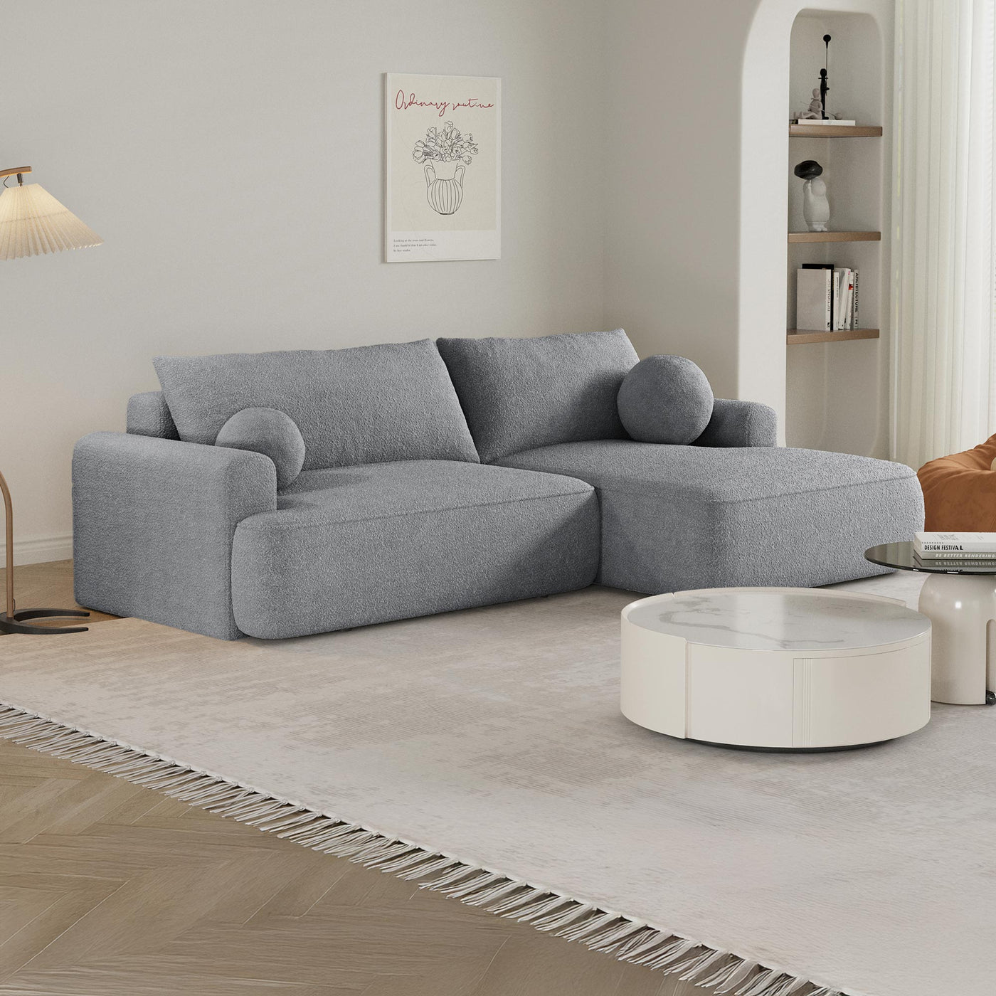 ANAIS Canapé d'angle convertible en tissu bouclette gris - Angle droit - Canapé d'angle convertible - Mobilier Deco