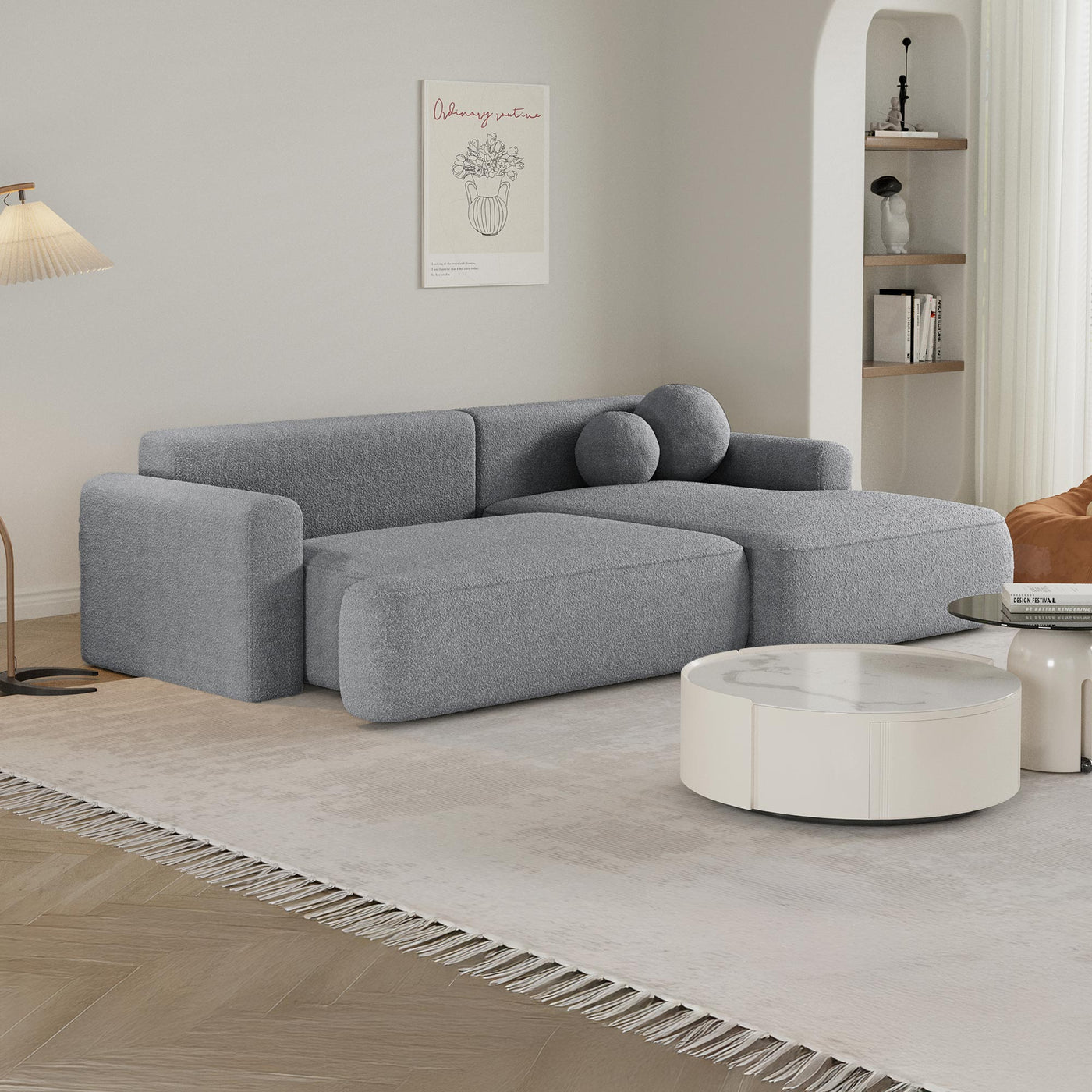 ANAIS Canapé d'angle convertible en tissu bouclette gris - Angle droit - Canapé d'angle convertible - Mobilier Deco