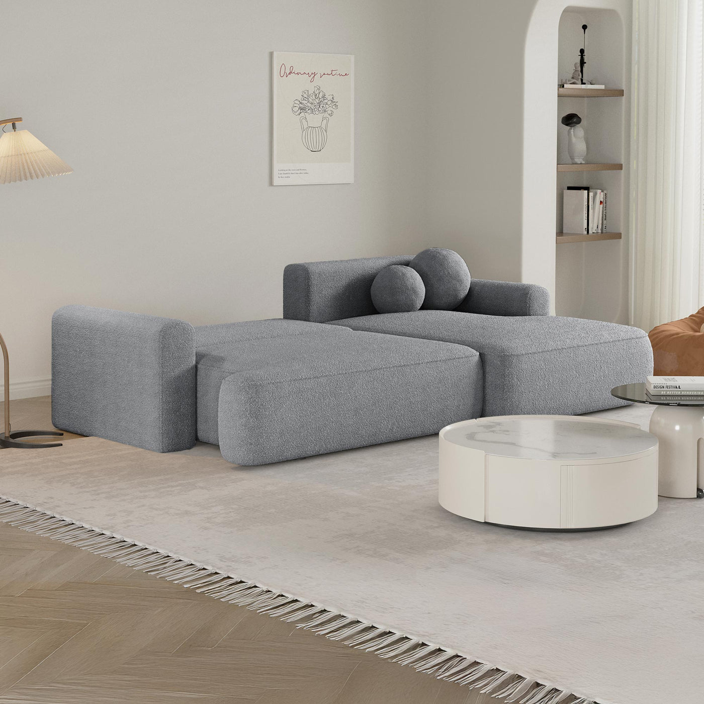 ANAIS Canapé d'angle convertible en tissu bouclette gris - Angle droit - Canapé d'angle convertible - Mobilier Deco