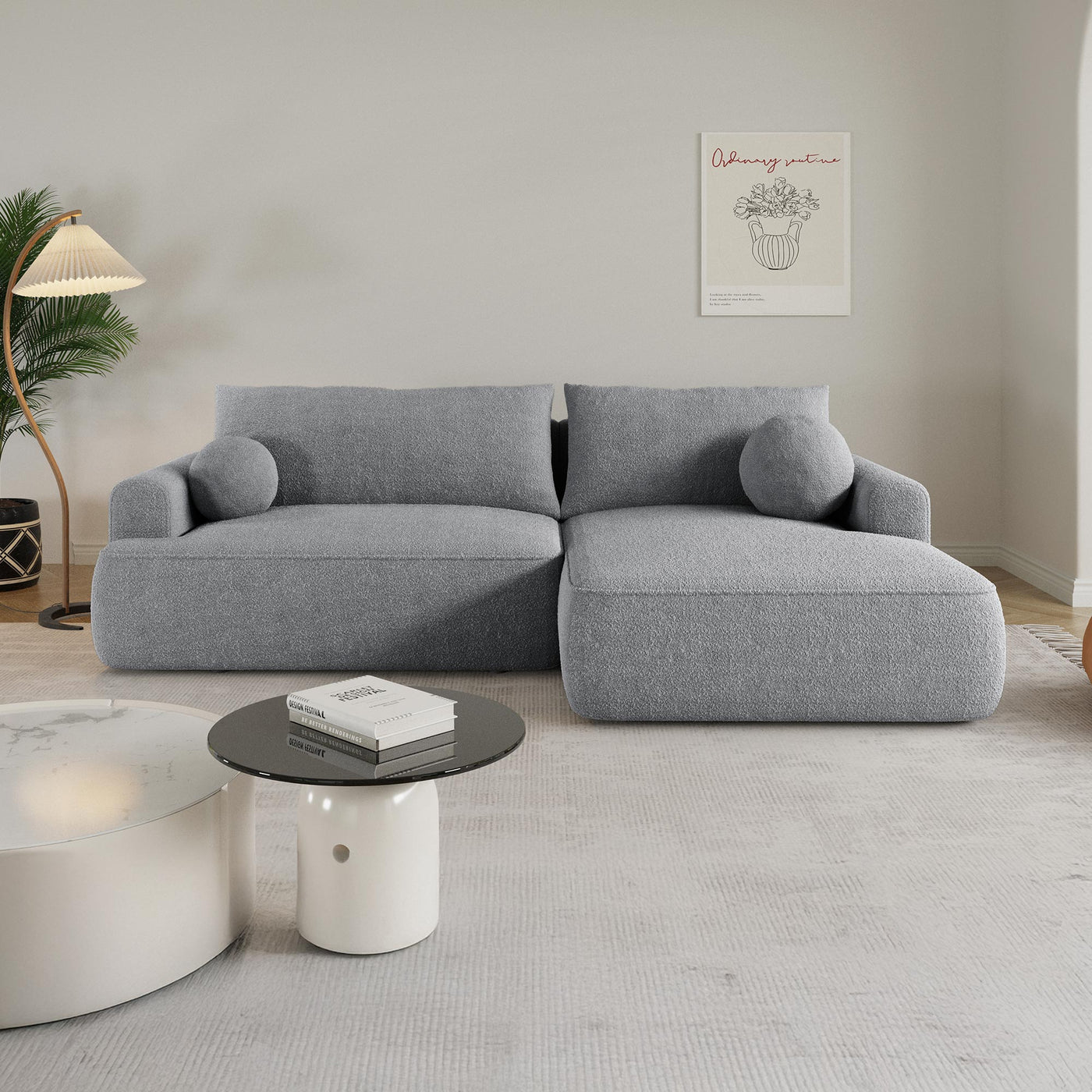 ANAIS Canapé d'angle convertible en tissu bouclette gris - Angle droit - Canapé d'angle convertible - Mobilier Deco