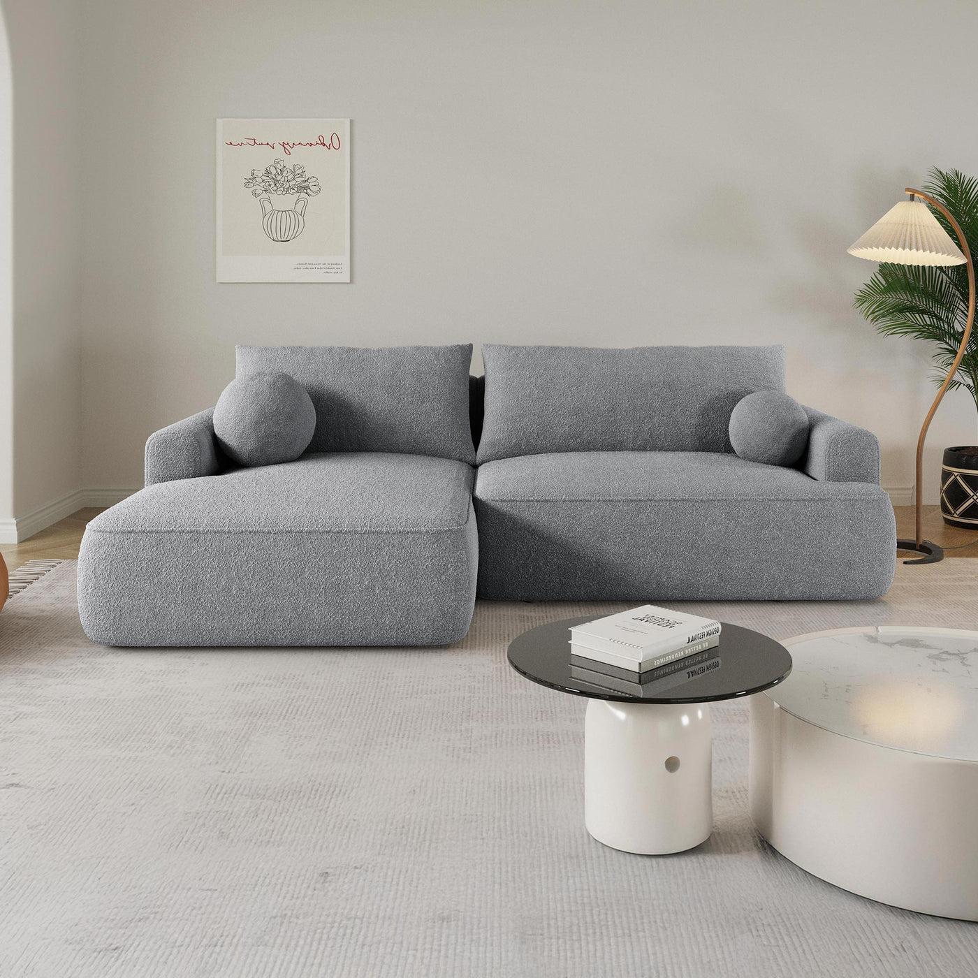 ANAIS Canapé d'angle convertible en tissu bouclette gris - Angle gauche - Canapé d'angle convertible - Mobilier Deco