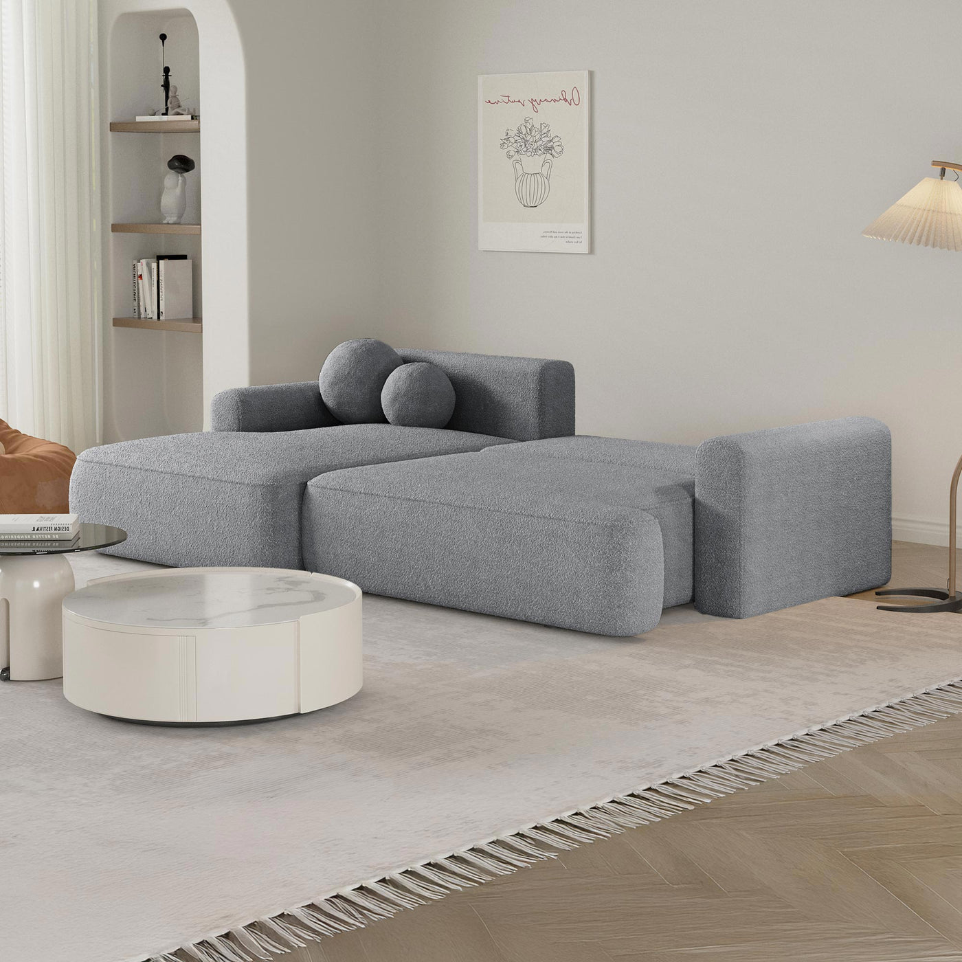 ANAIS Canapé d'angle convertible en tissu bouclette gris - Angle gauche - Canapé d'angle convertible - Mobilier Deco