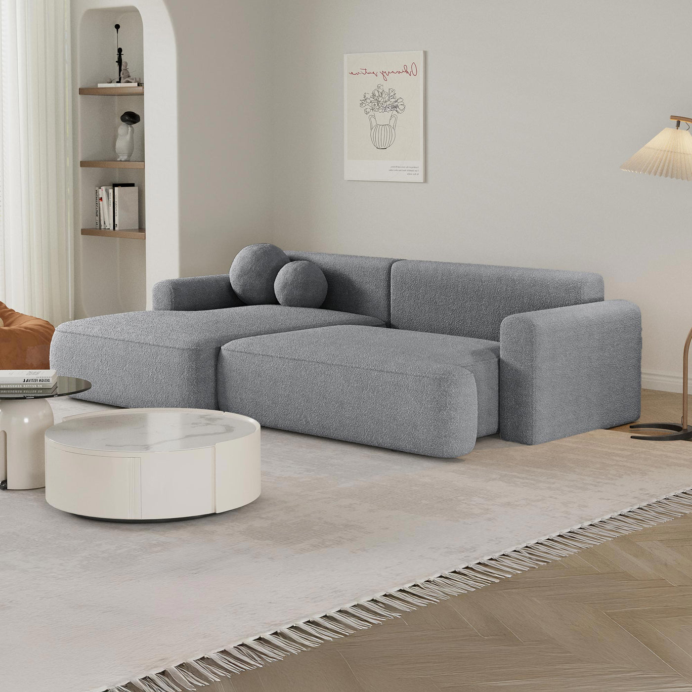ANAIS Canapé d'angle convertible en tissu bouclette gris - Angle gauche - Canapé d'angle convertible - Mobilier Deco