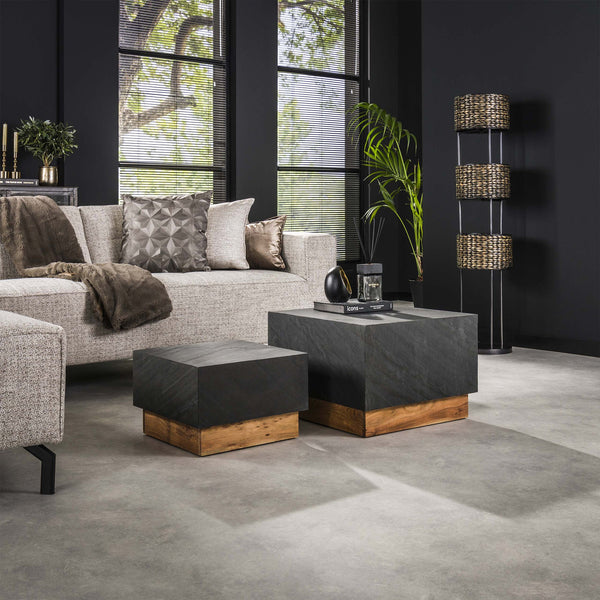 ANEA Lot de 2 tables basses carré en ardoise et en bois d'acacia