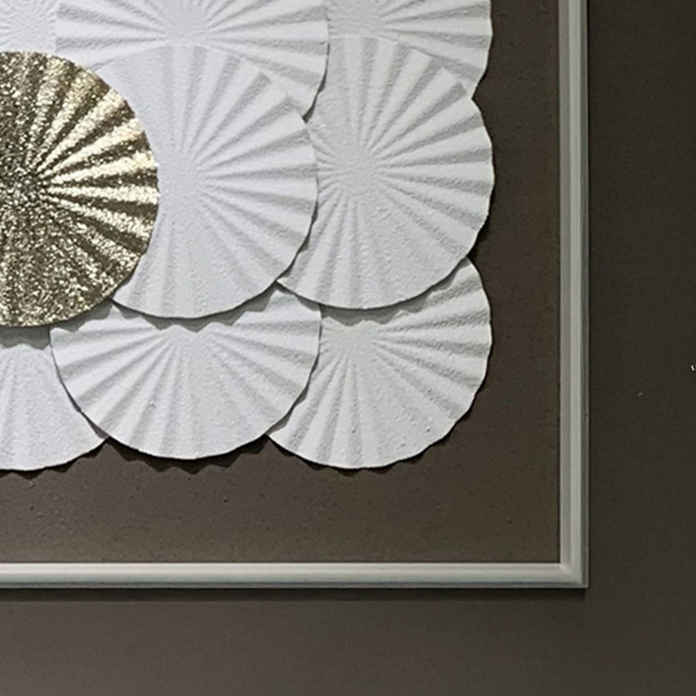 ANELIA Tableau peinture à l'huile relief rond blanc et doré cadre aluminium - 50x50 cm - Tableaux - Mobilier Deco