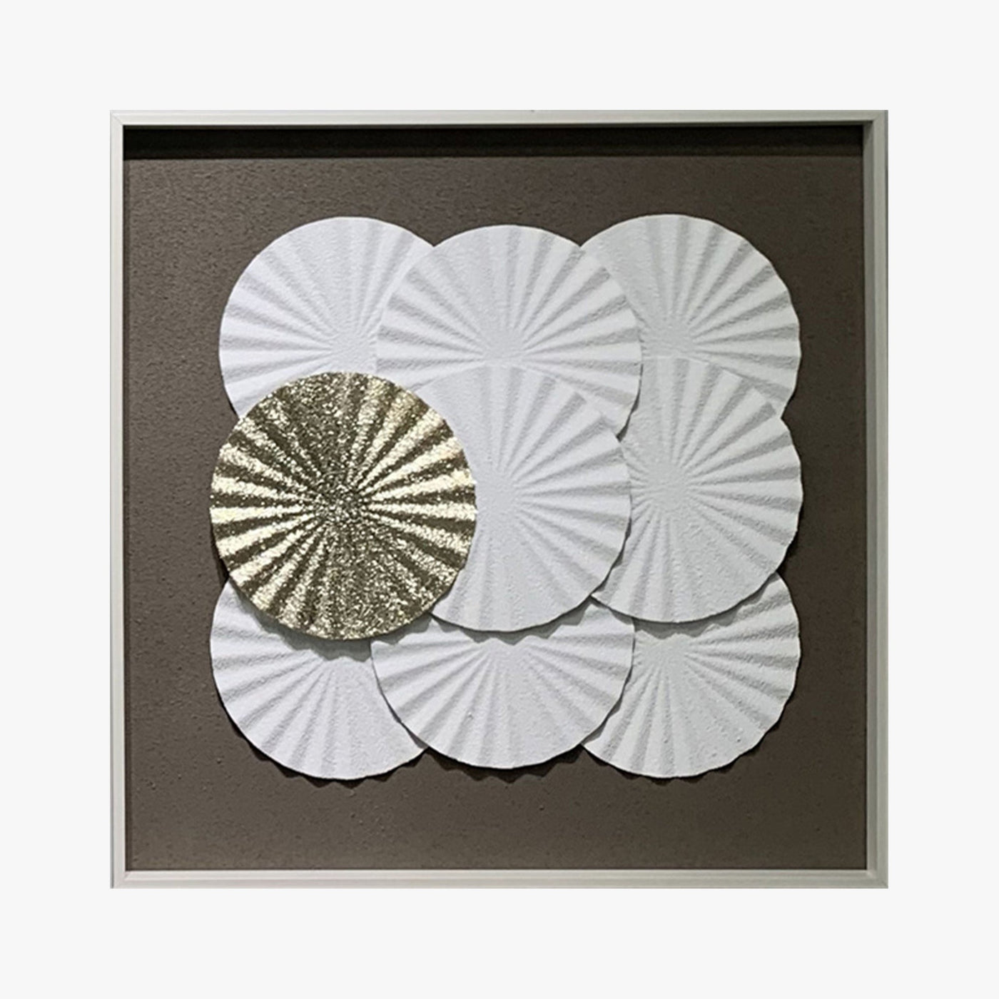 ANELIA Tableau peinture à l'huile relief rond blanc et doré cadre aluminium - 50x50 cm - Tableaux - Mobilier Deco