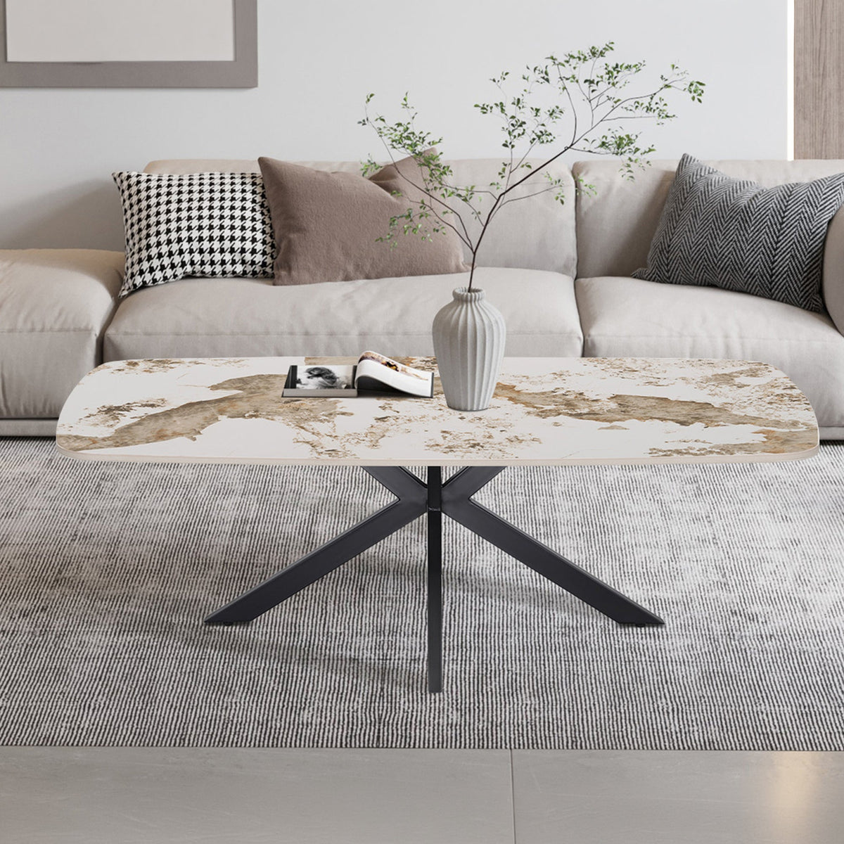 APOLLO Table basse ovale en pierre frittée blanc marbré 130 cm - Mobilier Deco