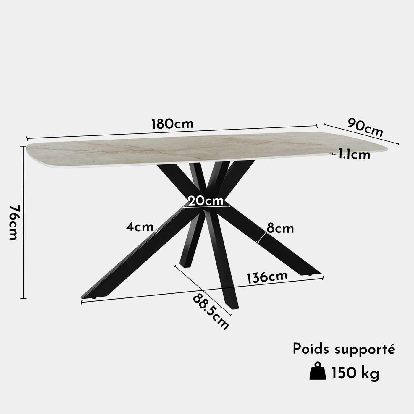 APOLLO XL Table à manger en pierre frittée beige 180 cm - Table à manger - Mobilier Deco