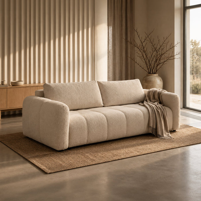 APRILIA Canapé 3 places convertible avec coffre en tissu bouclette beige – Canapés convertibles Mobilier Deco