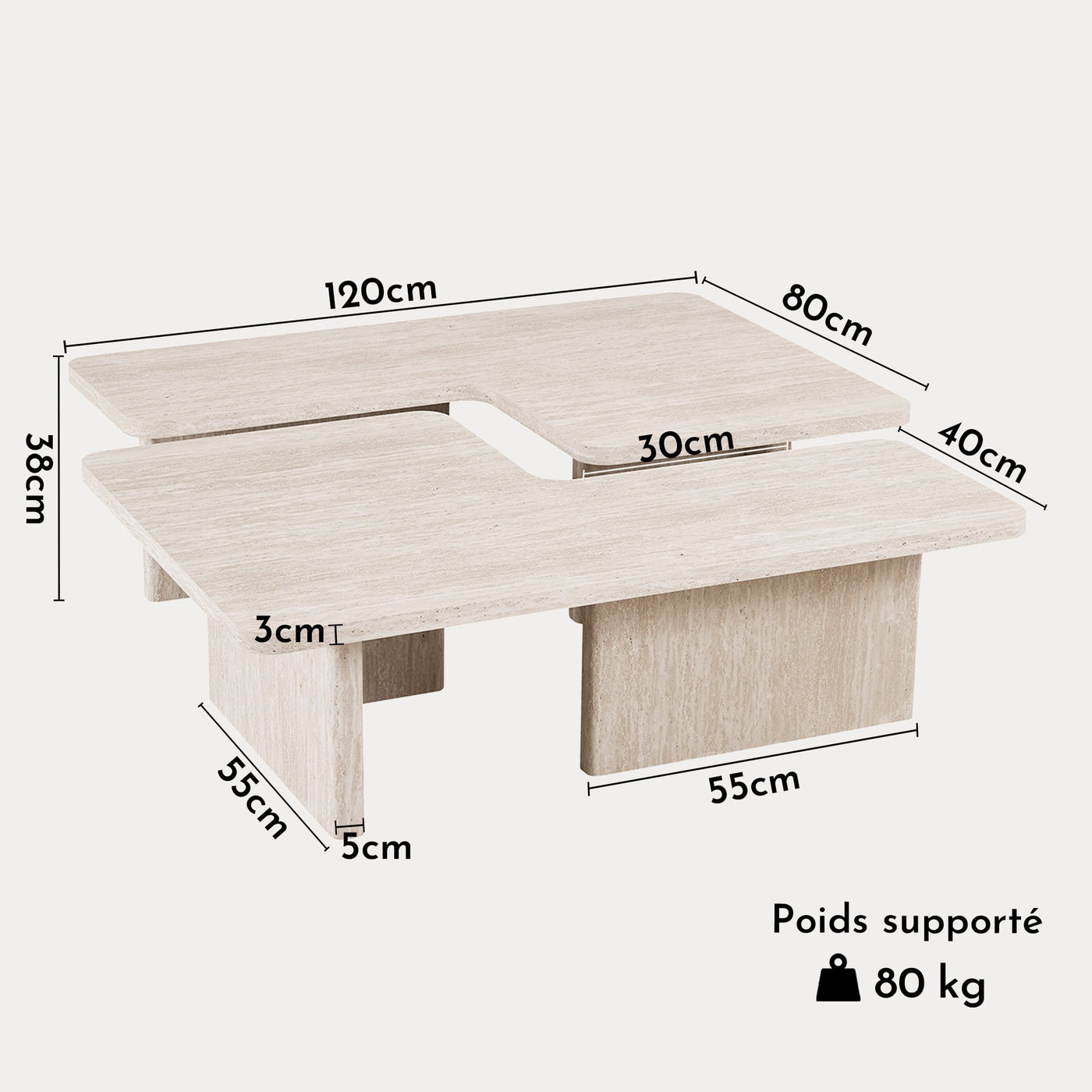 ARALLO Table basse modulable couleur travertin beige 120 cm - Table basse - Mobilier Deco