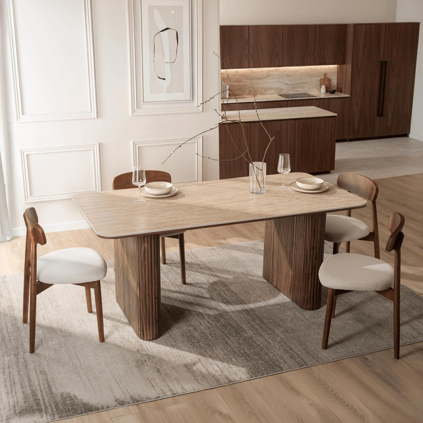 ARAMIS Table à manger rectangulaire en céramique beige pieds couleur bois foncé 180 cm - Table à manger - Mobilier Deco