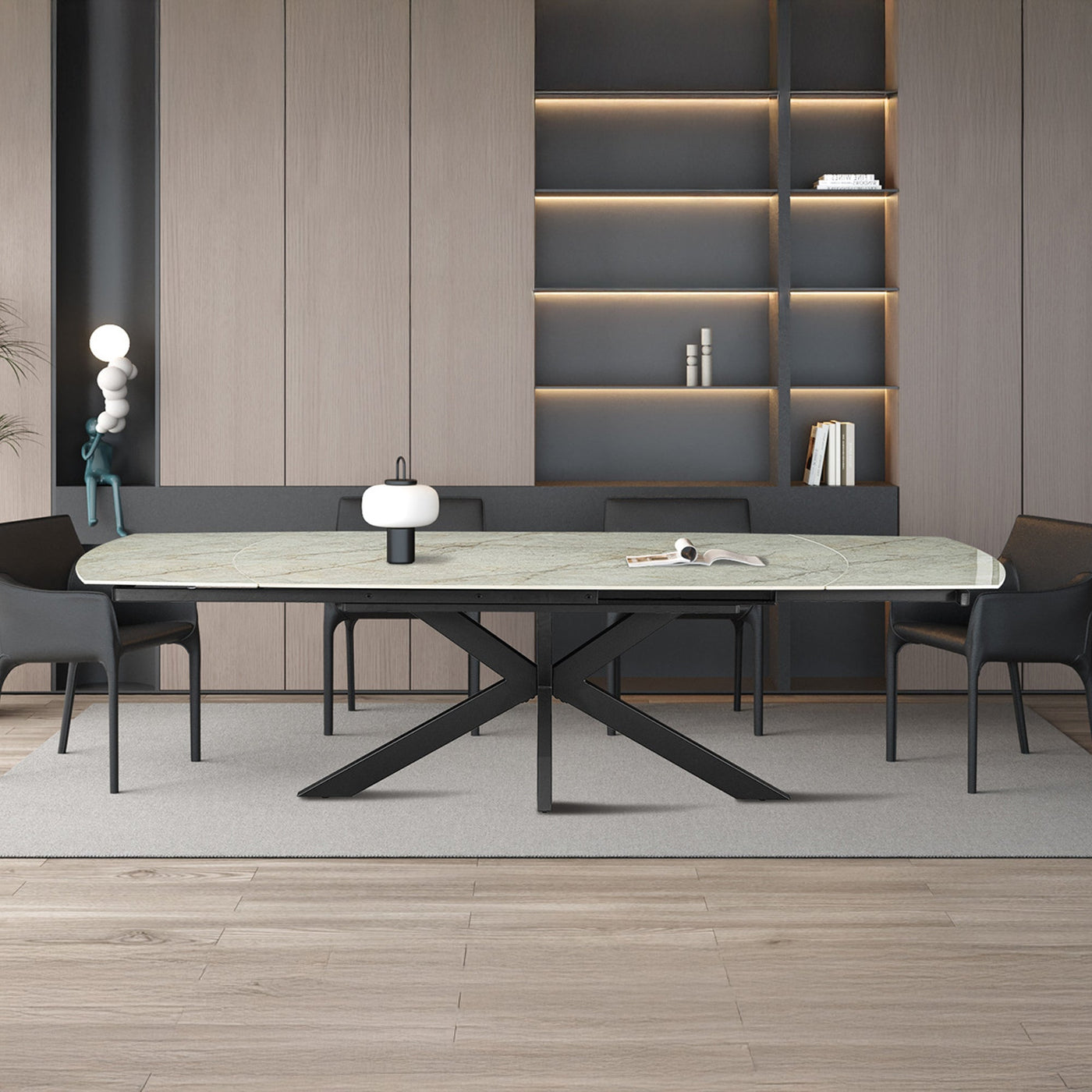 ARES Table à manger extensible en pierre frittée beige et métal noir - Table à manger - Mobilier Deco