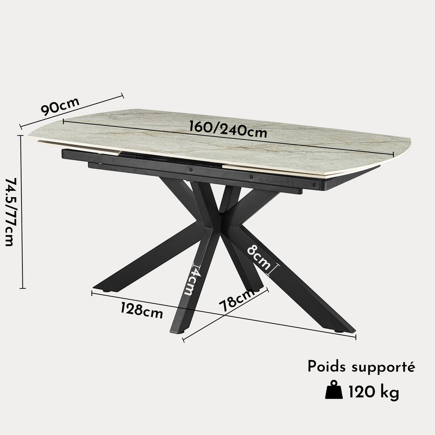 ARES Table à manger extensible en pierre frittée beige et métal noir - Table à manger - Mobilier Deco