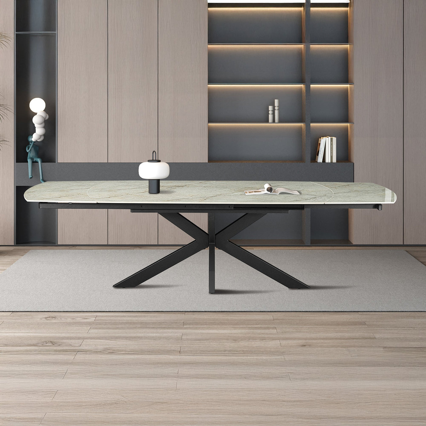 ARES Table à manger extensible en pierre frittée beige et métal noir - Table à manger - Mobilier Deco