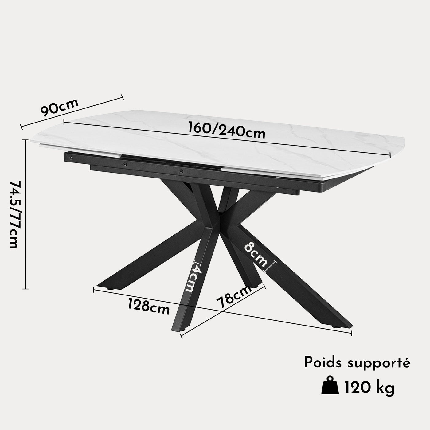 ARES Table à manger extensible en pierre frittée blanc et métal noir - Table à manger - Mobilier Deco