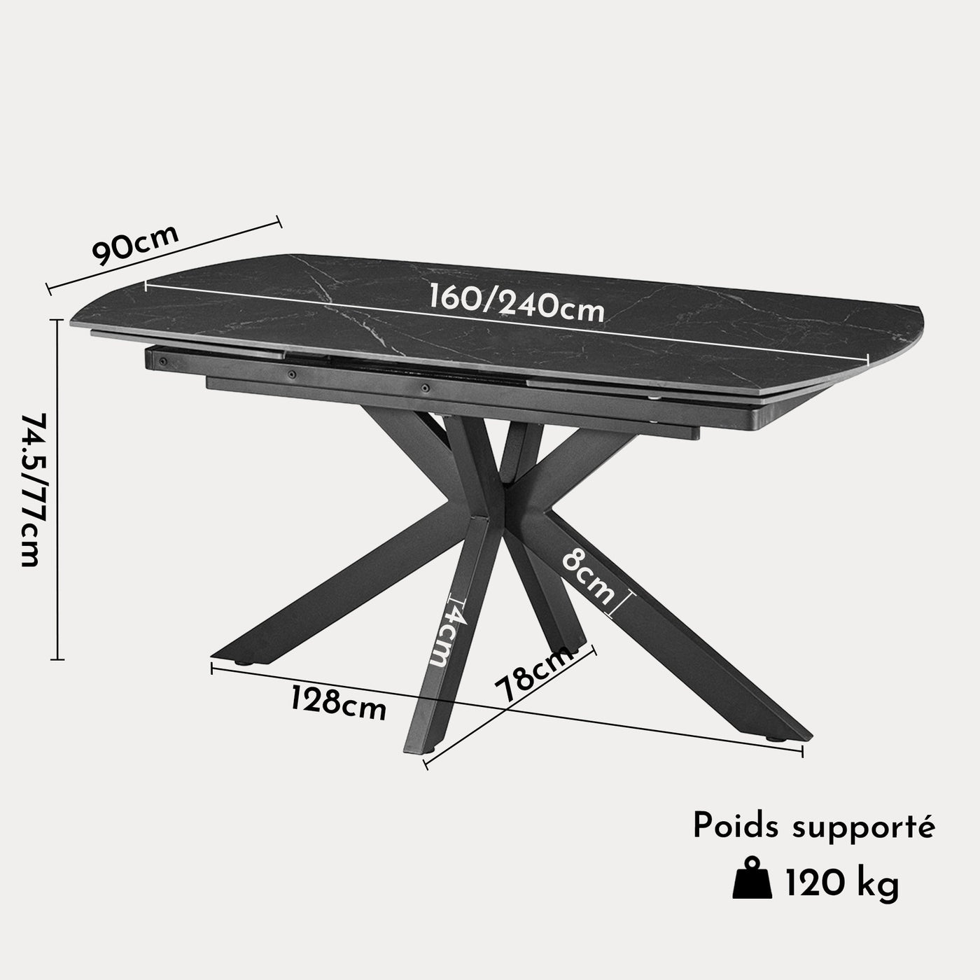 ARES Table à manger extensible en pierre frittée et métal noir - Table à manger - Mobilier Deco