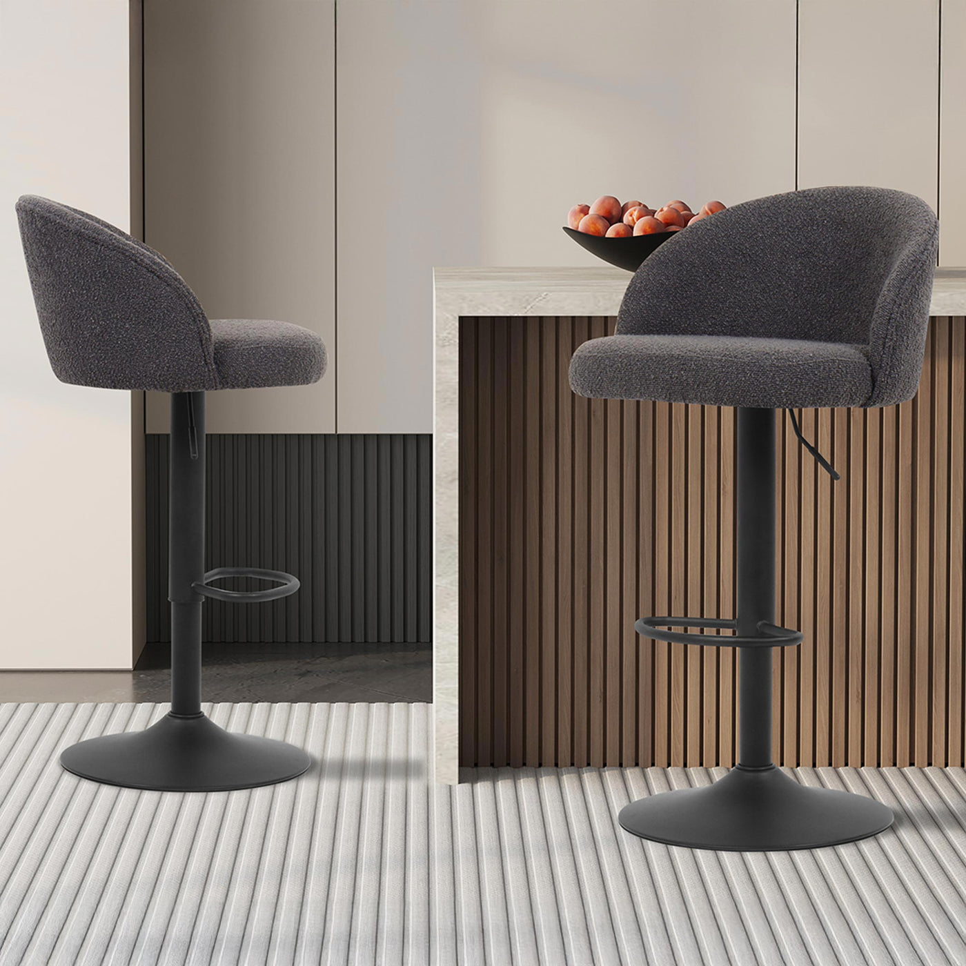 ARIA Lot de 2 tabourets en tissu bouclette gris anthracite piètement métal noir - Tabourets - Mobilier Deco