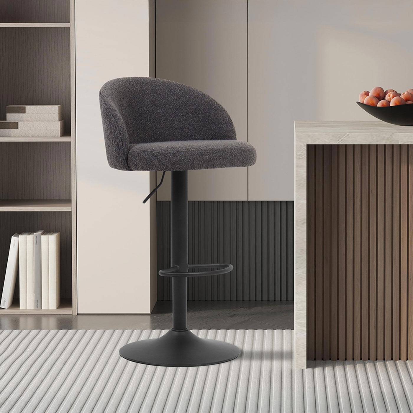 ARIA Lot de 2 tabourets en tissu bouclette gris anthracite piètement métal noir - Tabourets - Mobilier Deco