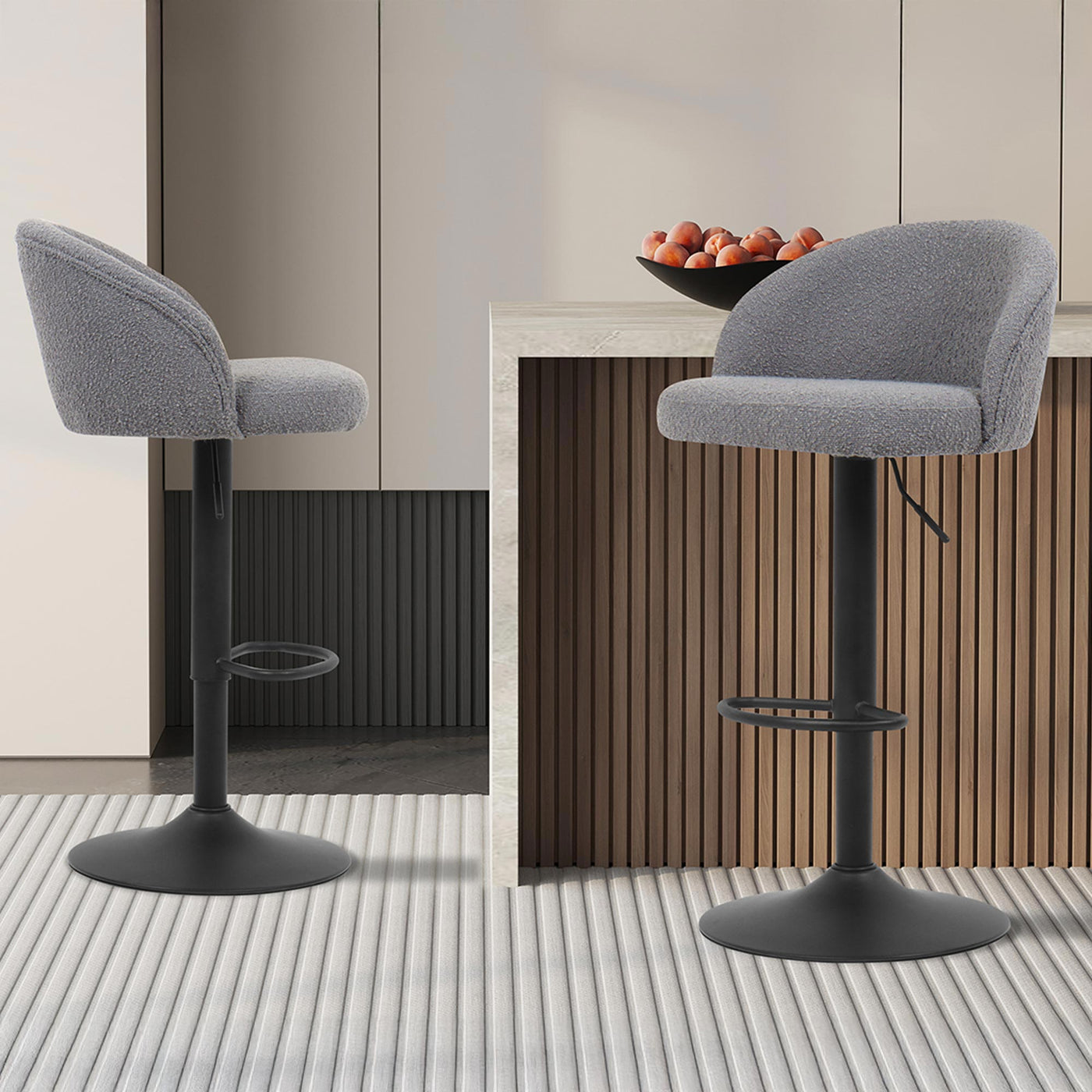 ARIA Lot de 2 tabourets en tissu bouclette gris clair piètement métal noir - Tabourets - Mobilier Deco