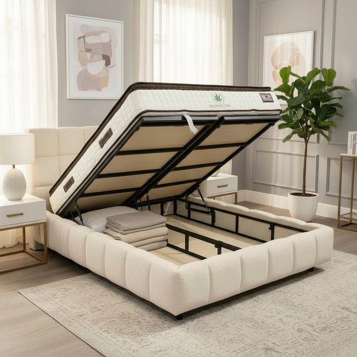 ARIONA Lit double en tissu beige avec coffre 140x190 cm