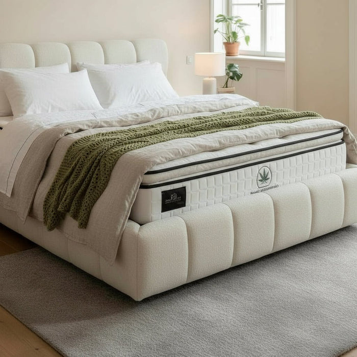 ARIONA Lit double en tissu beige avec coffre 180x200 cm