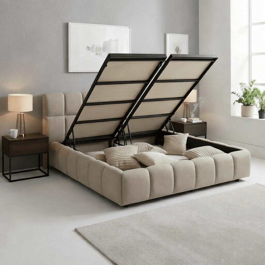 ARIONA Lit double en tissu taupe avec coffre 140x190 cm - Lits - Mobilier Deco