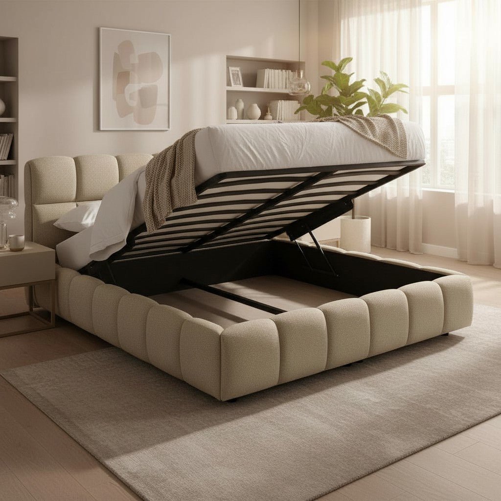 ARIONA Lit double en tissu taupe avec coffre 180x200 cm - Lits - Mobilier Deco