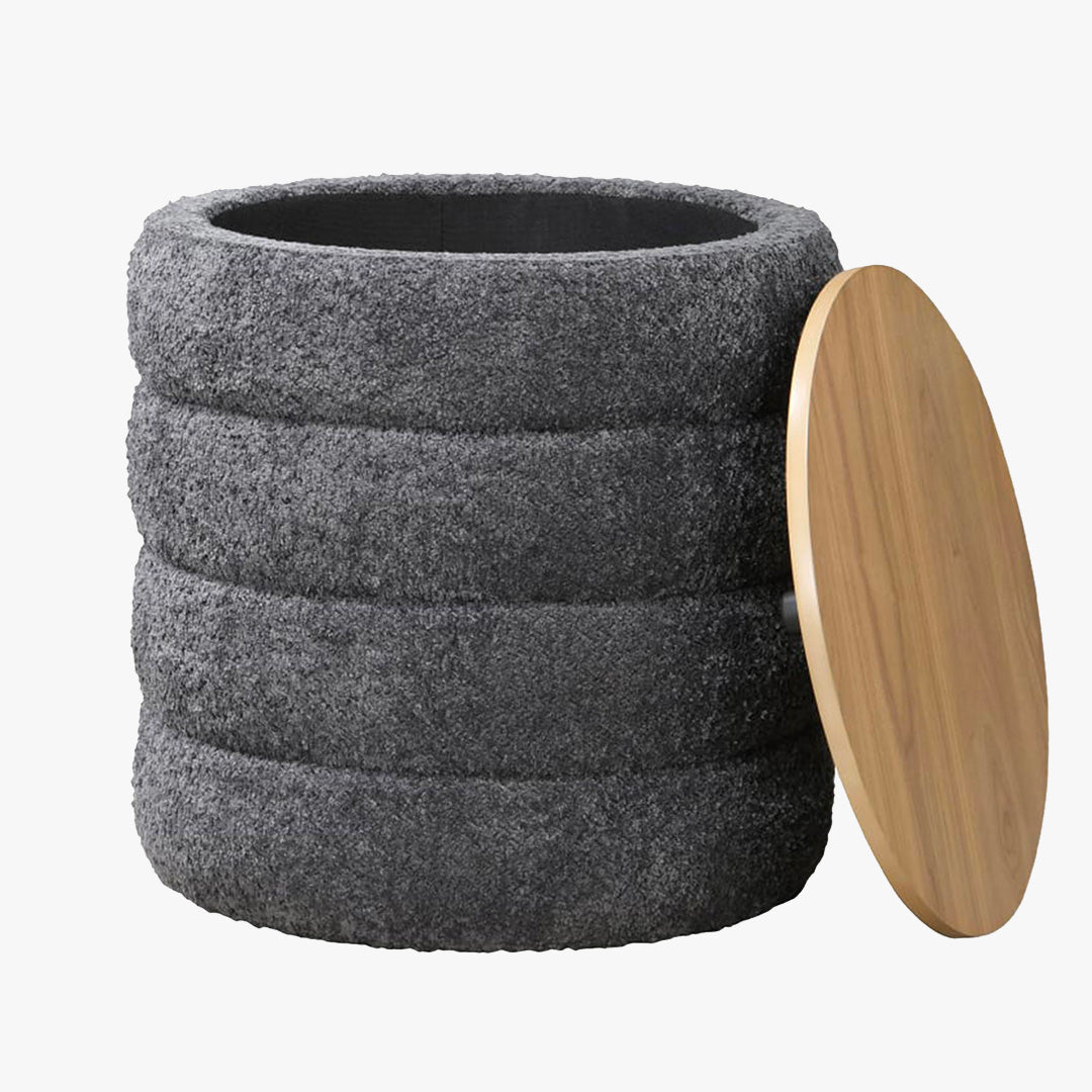 ARTA Pouf coffre effet peau de mouton gris foncé et bois - Poufs - Mobilier Deco