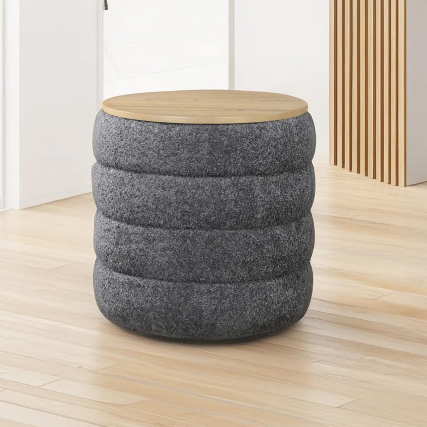 ARTA Pouf coffre effet peau de mouton gris foncé et bois - Poufs - Mobilier Deco