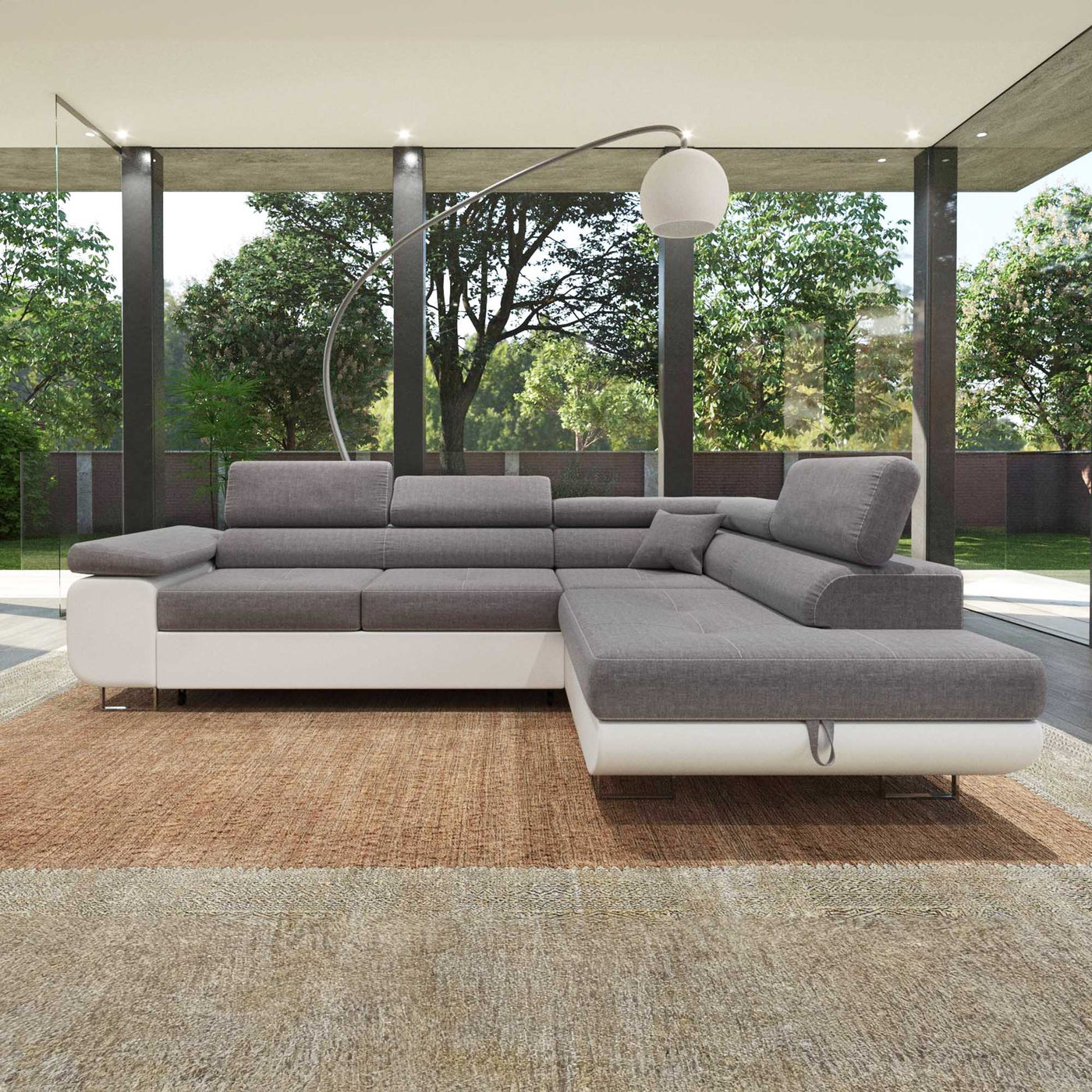 AUBIN Canapé d'angle convertible gris et blanc coffre de rangement - Angle Droit - Canapé d'angle convertible - Mobilier Deco