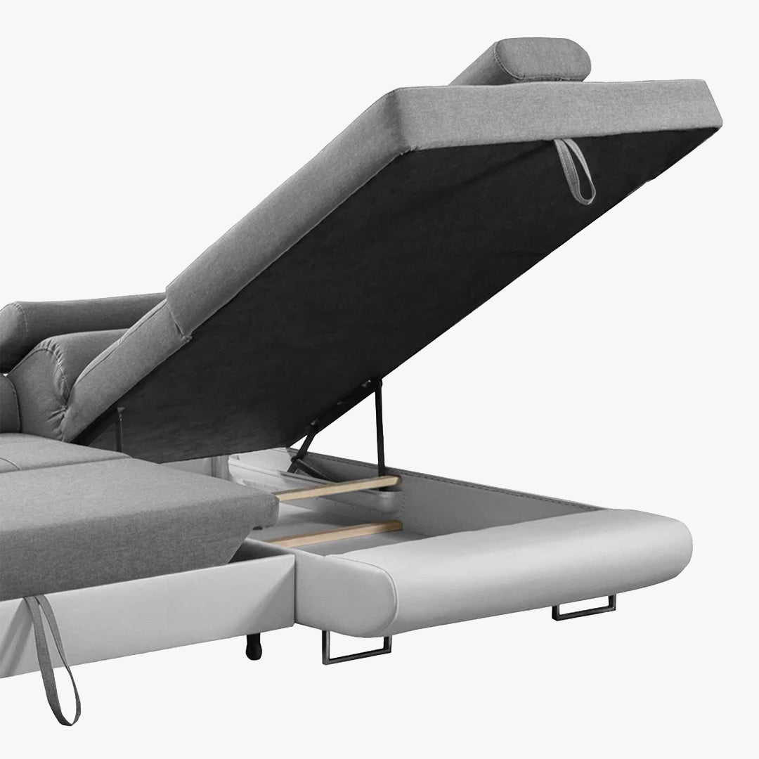 AUBIN Canapé d'angle convertible gris et blanc coffre de rangement - Angle Droit - Canapé d'angle convertible - Mobilier Deco