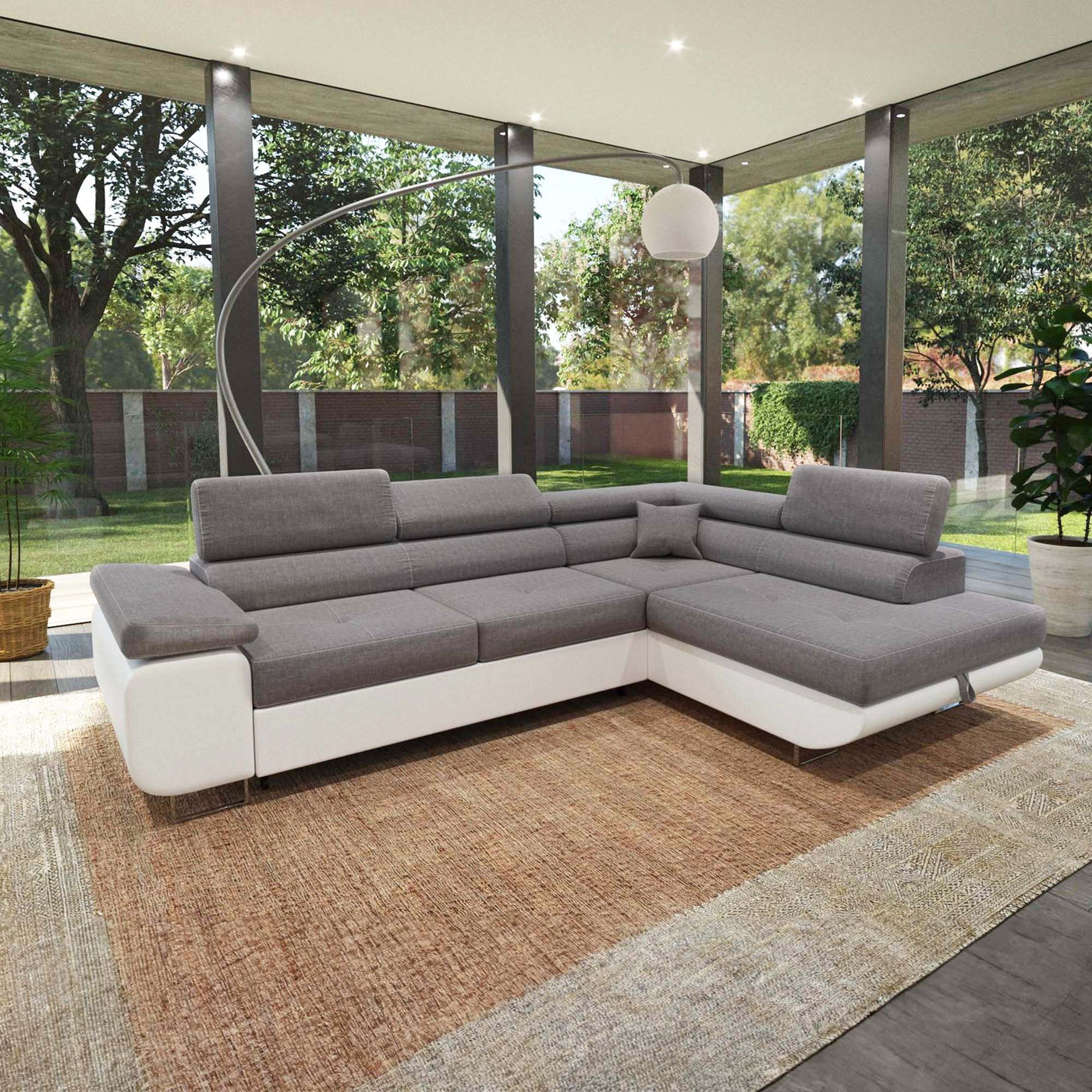 AUBIN Canapé d'angle convertible gris et blanc coffre de rangement - Angle Droit - Canapé d'angle convertible - Mobilier Deco