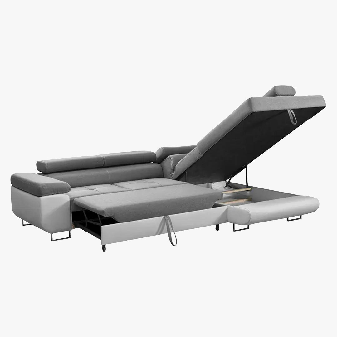AUBIN Canapé d'angle convertible gris et blanc coffre de rangement - Angle Droit - Canapé d'angle convertible - Mobilier Deco