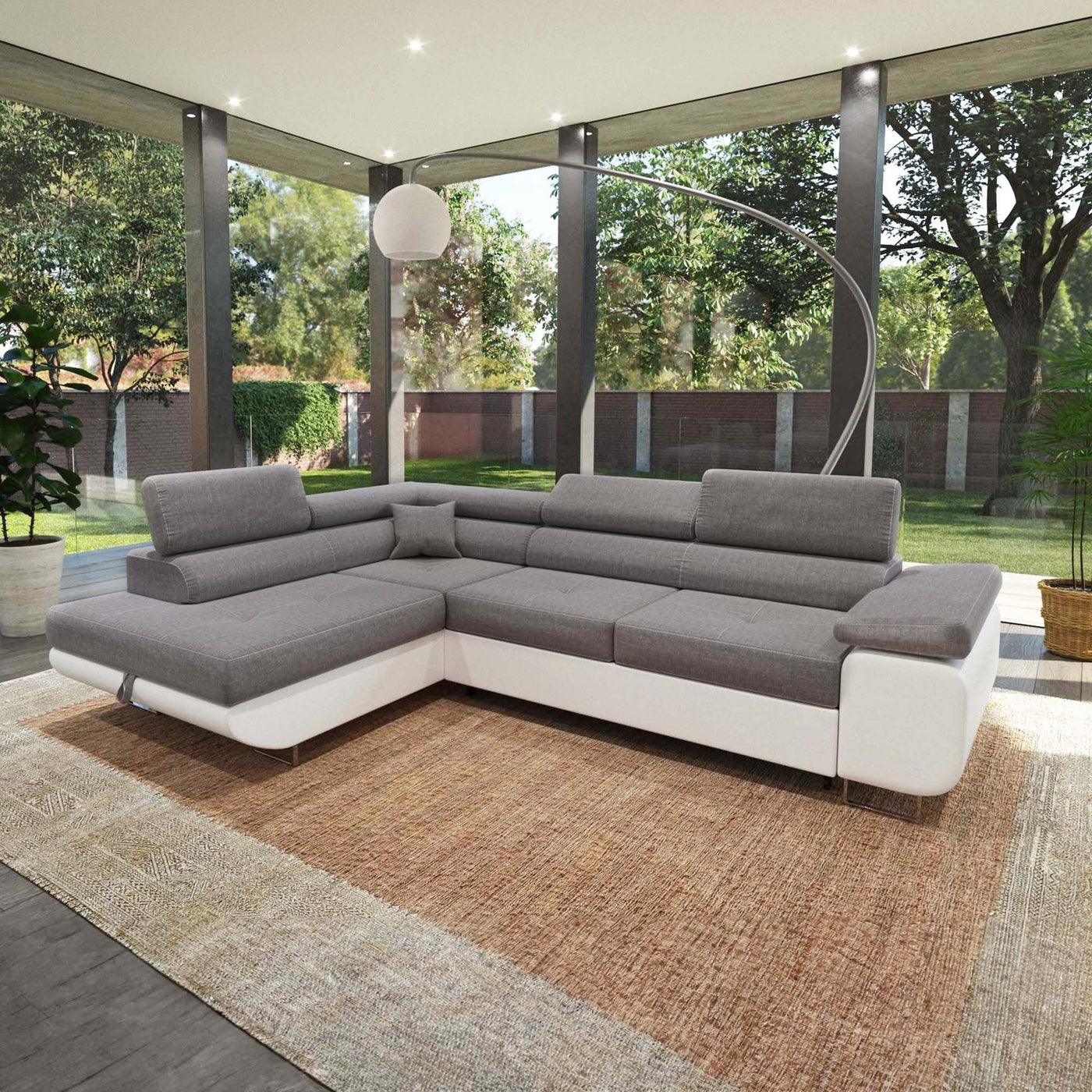 AUBIN Canapé d'angle convertible gris et blanc coffre de rangement - Angle Gauche - Canapé d'angle convertible - Mobilier Deco