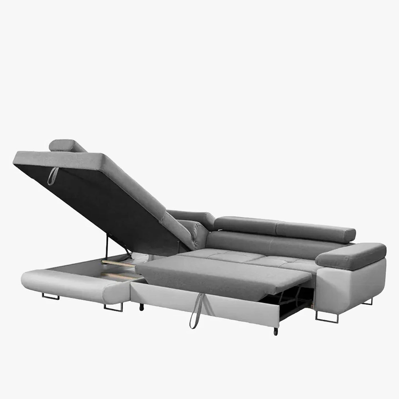 AUBIN Canapé d'angle convertible gris et blanc coffre de rangement - Angle Gauche - Canapé d'angle convertible - Mobilier Deco
