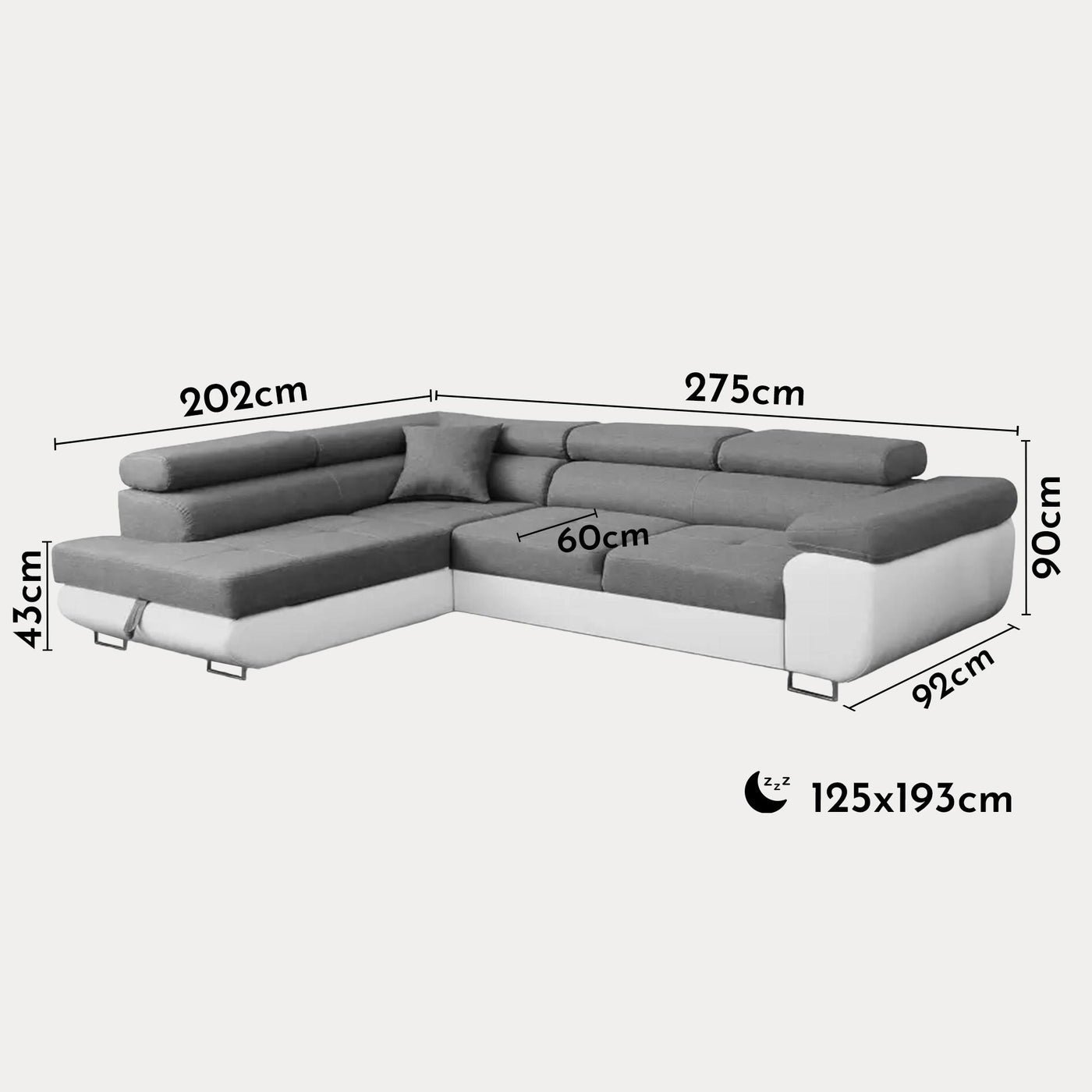 AUBIN Canapé d'angle convertible gris et blanc coffre de rangement - Angle Gauche - Canapé d'angle convertible - Mobilier Deco