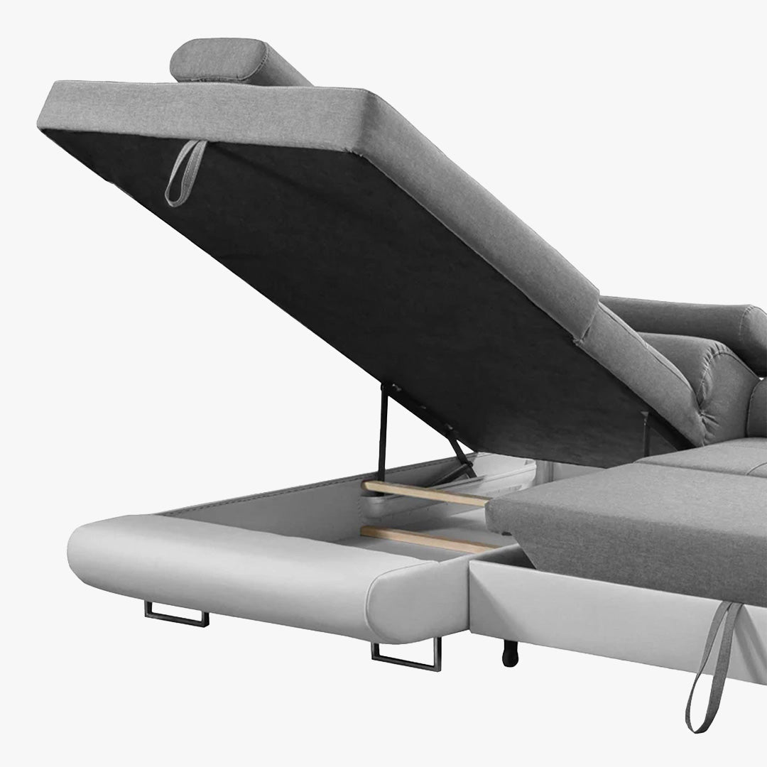AUBIN Canapé d'angle convertible gris et blanc coffre de rangement - Angle Gauche - Canapé d'angle convertible - Mobilier Deco