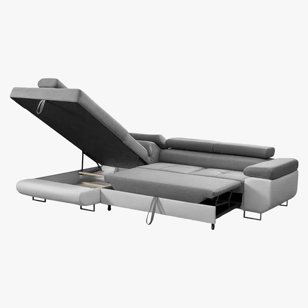AUBIN Canapé d'angle convertible gris et blanc coffre de rangement - Angle Gauche - Canapé d'angle convertible - Mobilier Deco