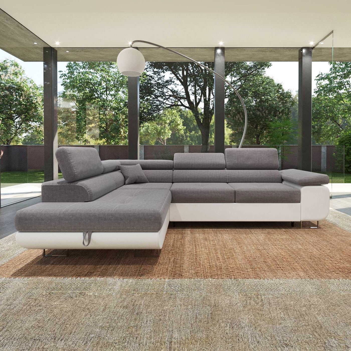 AUBIN Canapé d'angle convertible gris et blanc coffre de rangement - Angle Gauche - Canapé d'angle convertible - Mobilier Deco