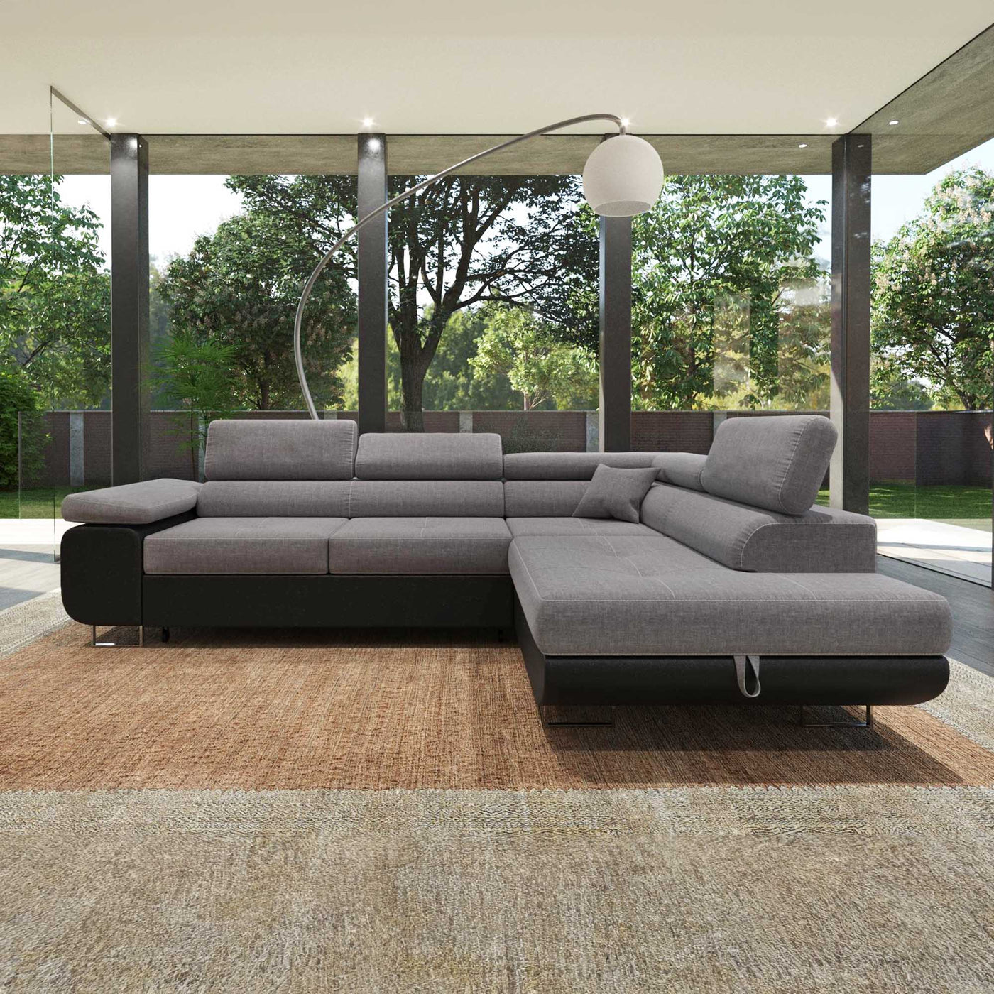 AUBIN Canapé d'angle convertible gris et noir coffre de rangement - Angle Droit - Canapé d'angle convertible - Mobilier Deco