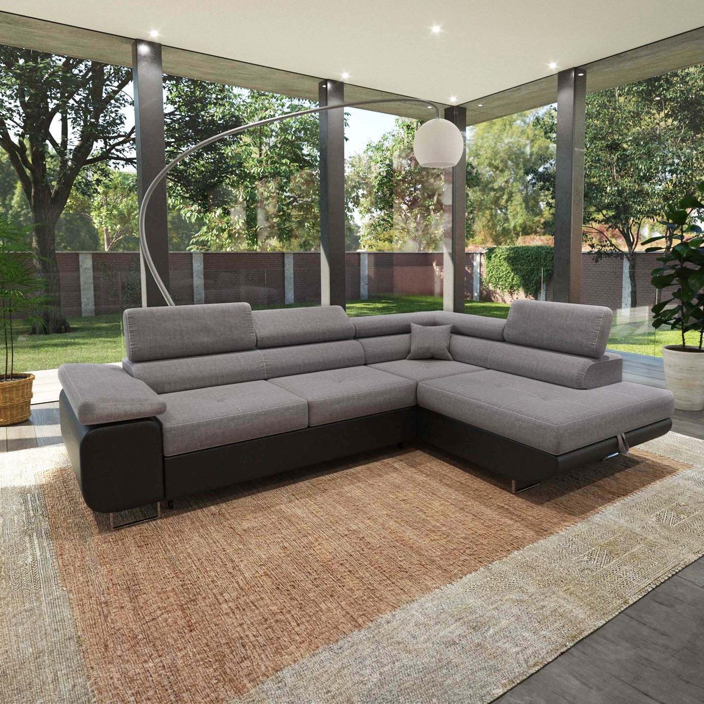 AUBIN Canapé d'angle convertible gris et noir coffre de rangement - Angle Droit - Canapé d'angle convertible - Mobilier Deco