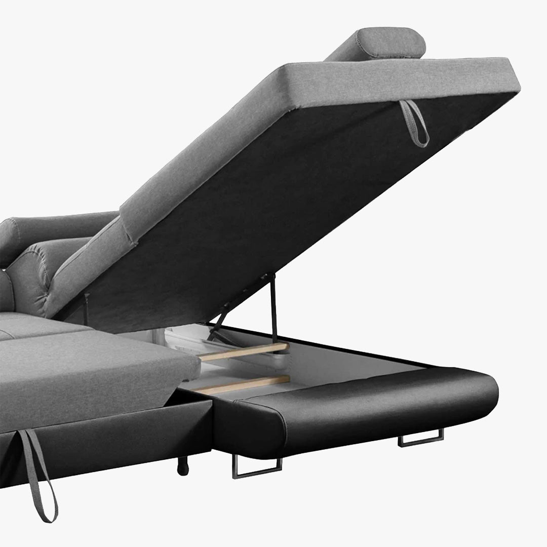 AUBIN Canapé d'angle convertible gris et noir coffre de rangement - Angle Droit - Canapé d'angle convertible - Mobilier Deco