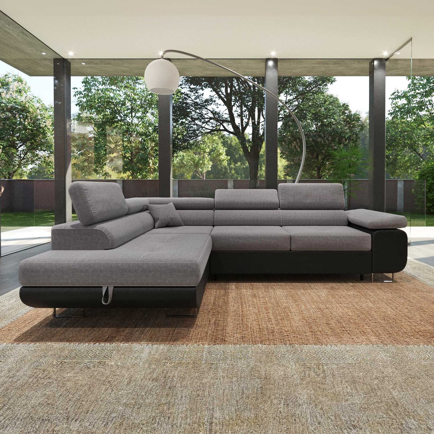 AUBIN Canapé d'angle convertible gris et noir coffre de rangement - Angle Gauche - Canapé d'angle convertible - Mobilier Deco