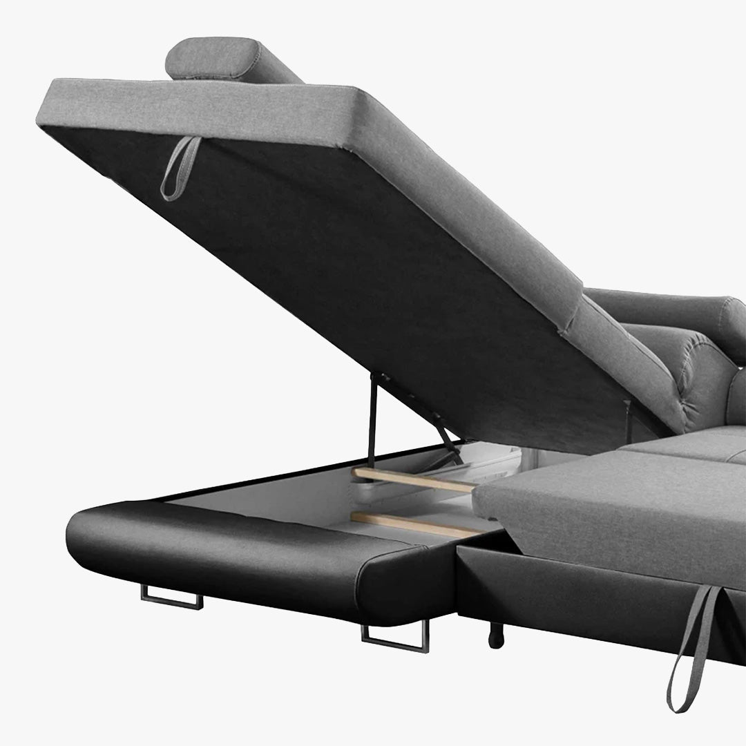AUBIN Canapé d'angle convertible gris et noir coffre de rangement - Angle Gauche - Canapé d'angle convertible - Mobilier Deco