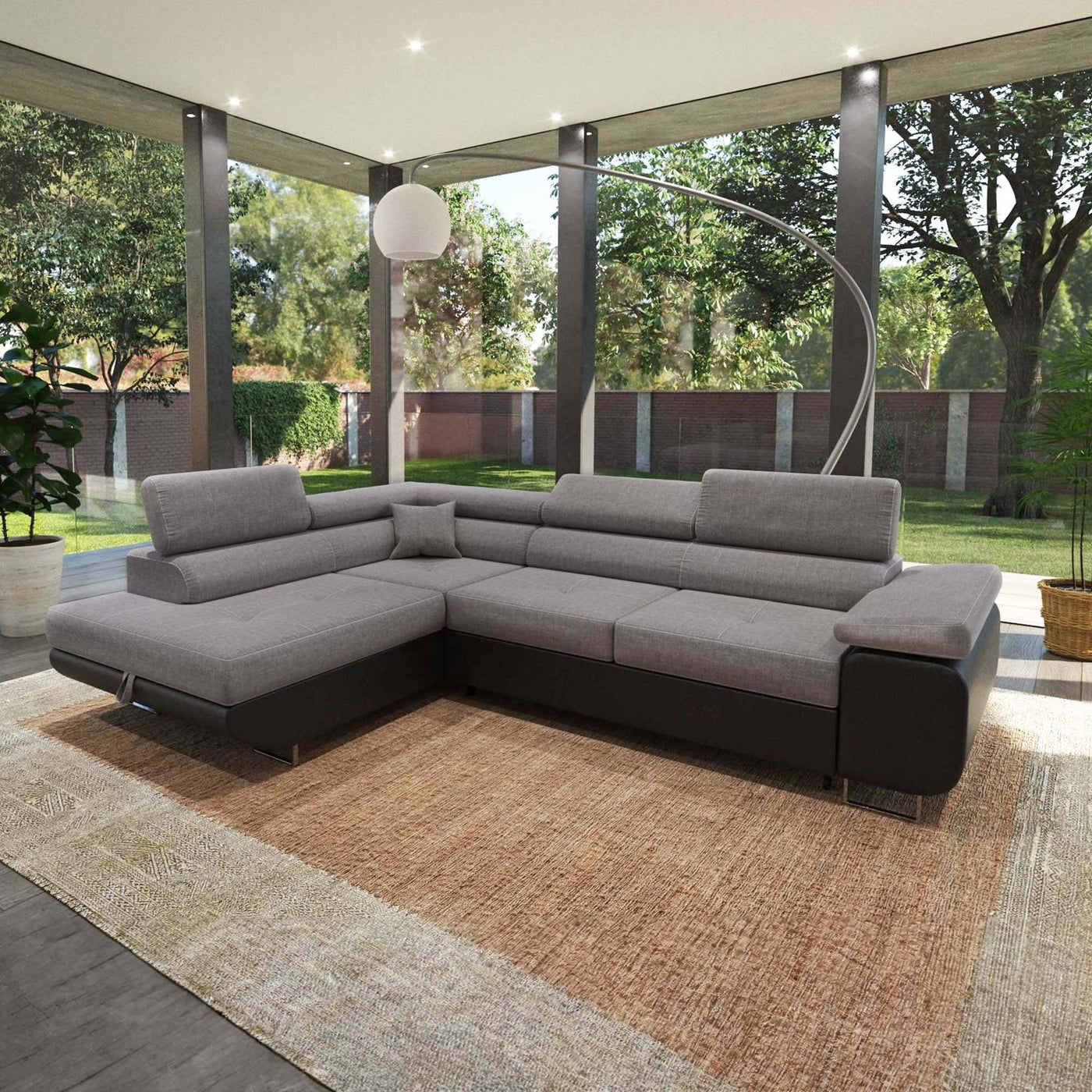 AUBIN Canapé d'angle convertible gris et noir coffre de rangement - Angle Gauche - Canapé d'angle convertible - Mobilier Deco