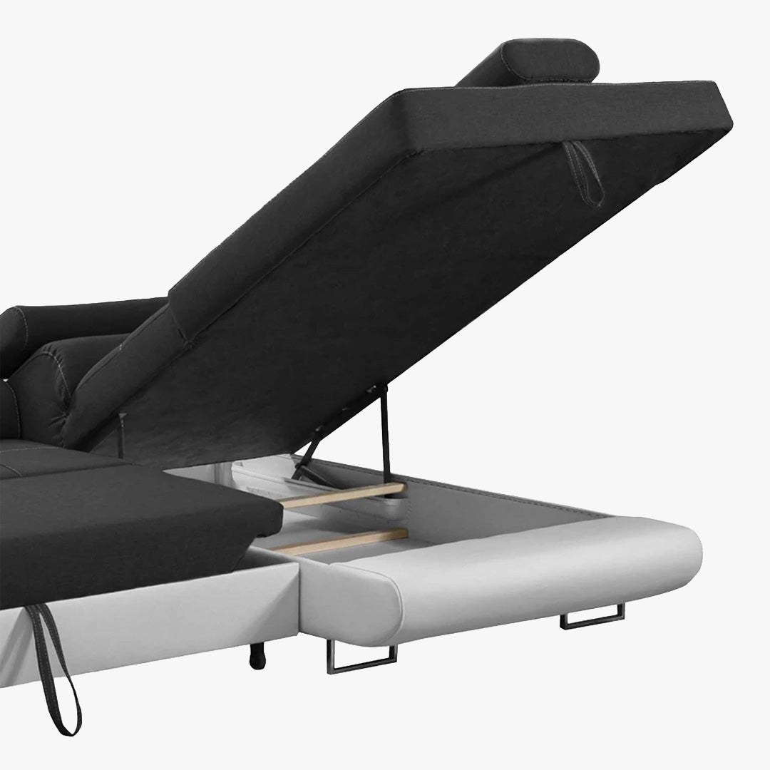 AUBIN Canapé d'angle convertible noir et blanc coffre de rangement - Angle Droit - Canapé d'angle convertible - Mobilier Deco