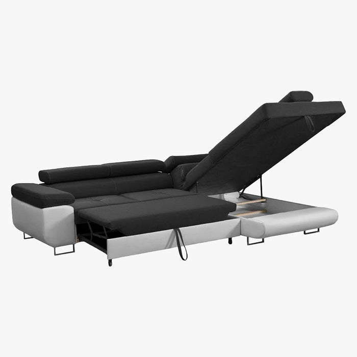 AUBIN Canapé d'angle convertible noir et blanc coffre de rangement - Angle Droit
